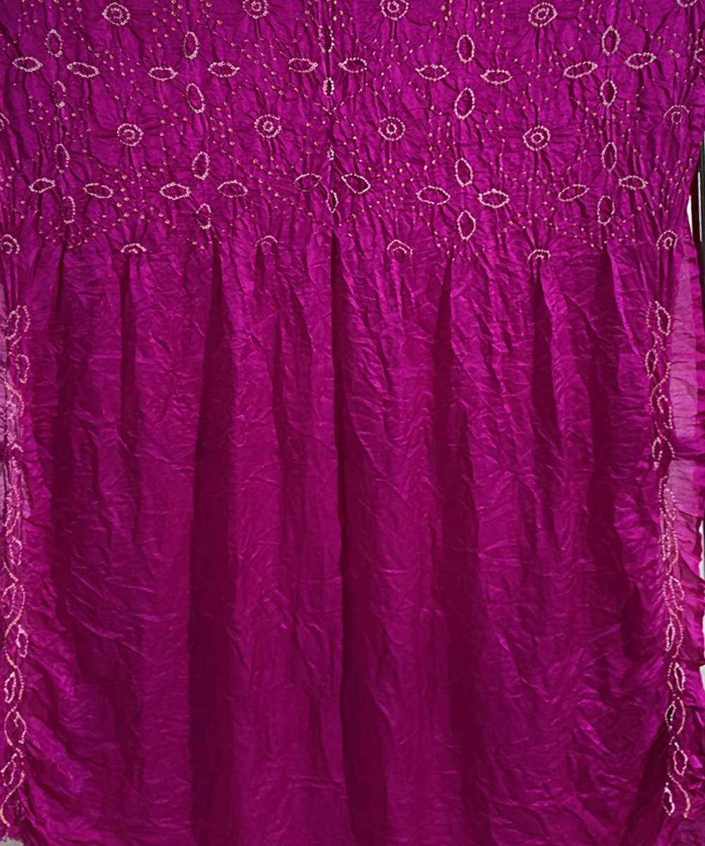 Hand printed pink bandhani gajji silk saree