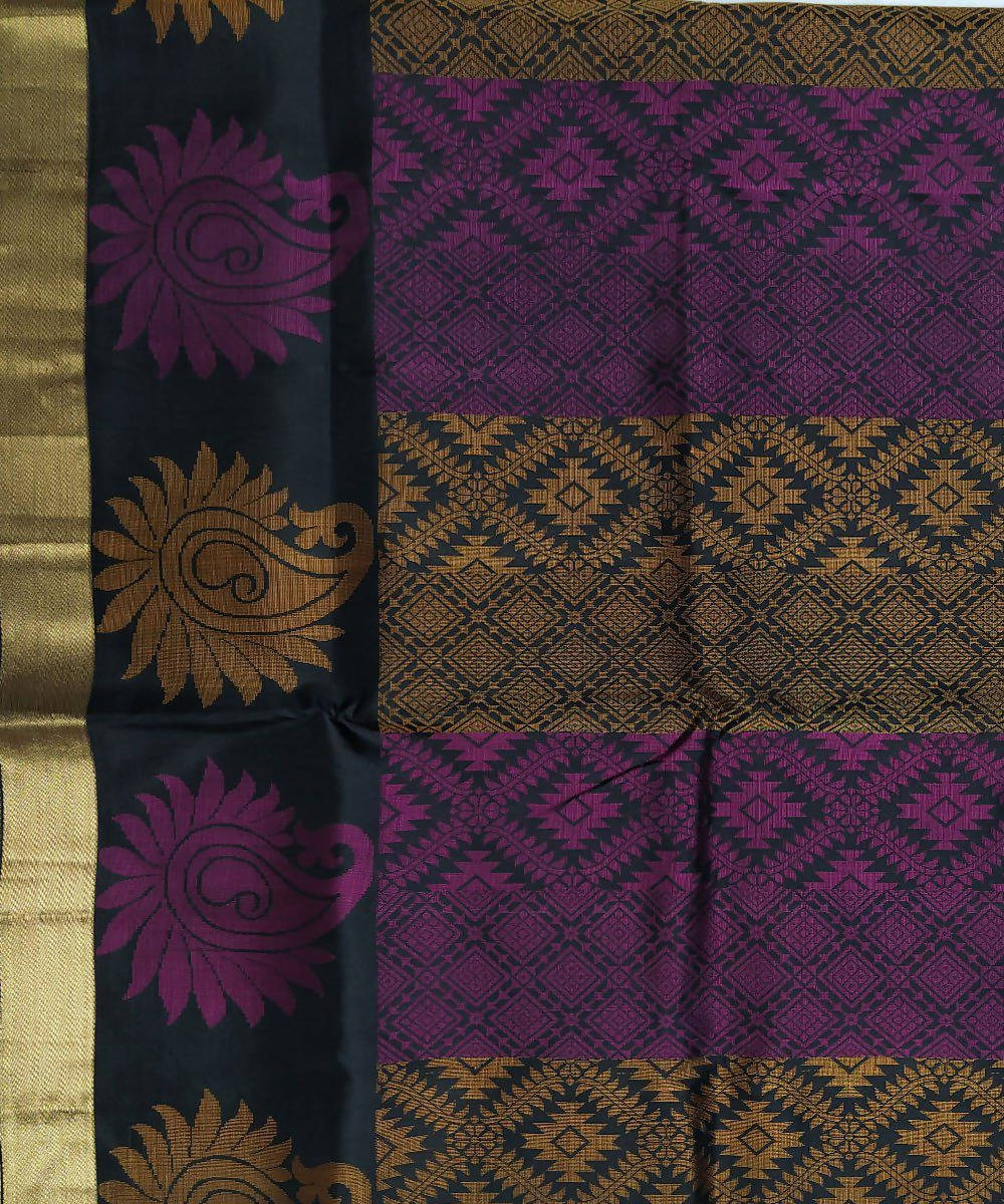 Black with purple and mustard handloom soft silk saree