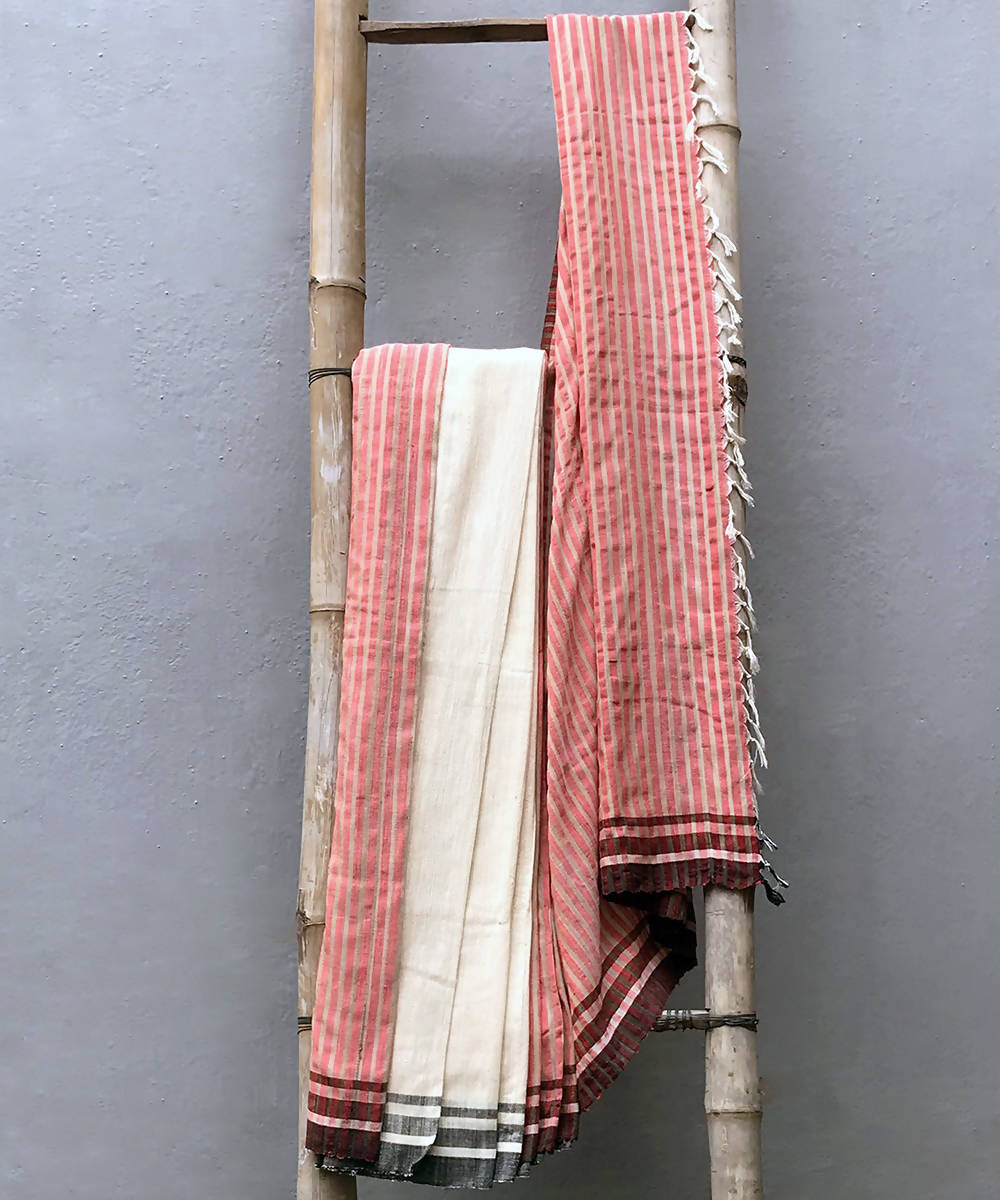 Pink white handwoven cotton silk saree
