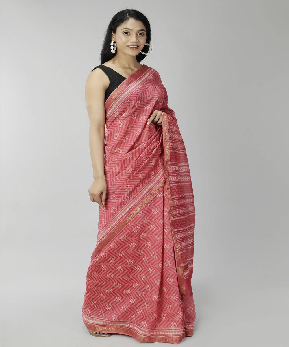 Amarnath red bagru handblock printed cotton silk saree