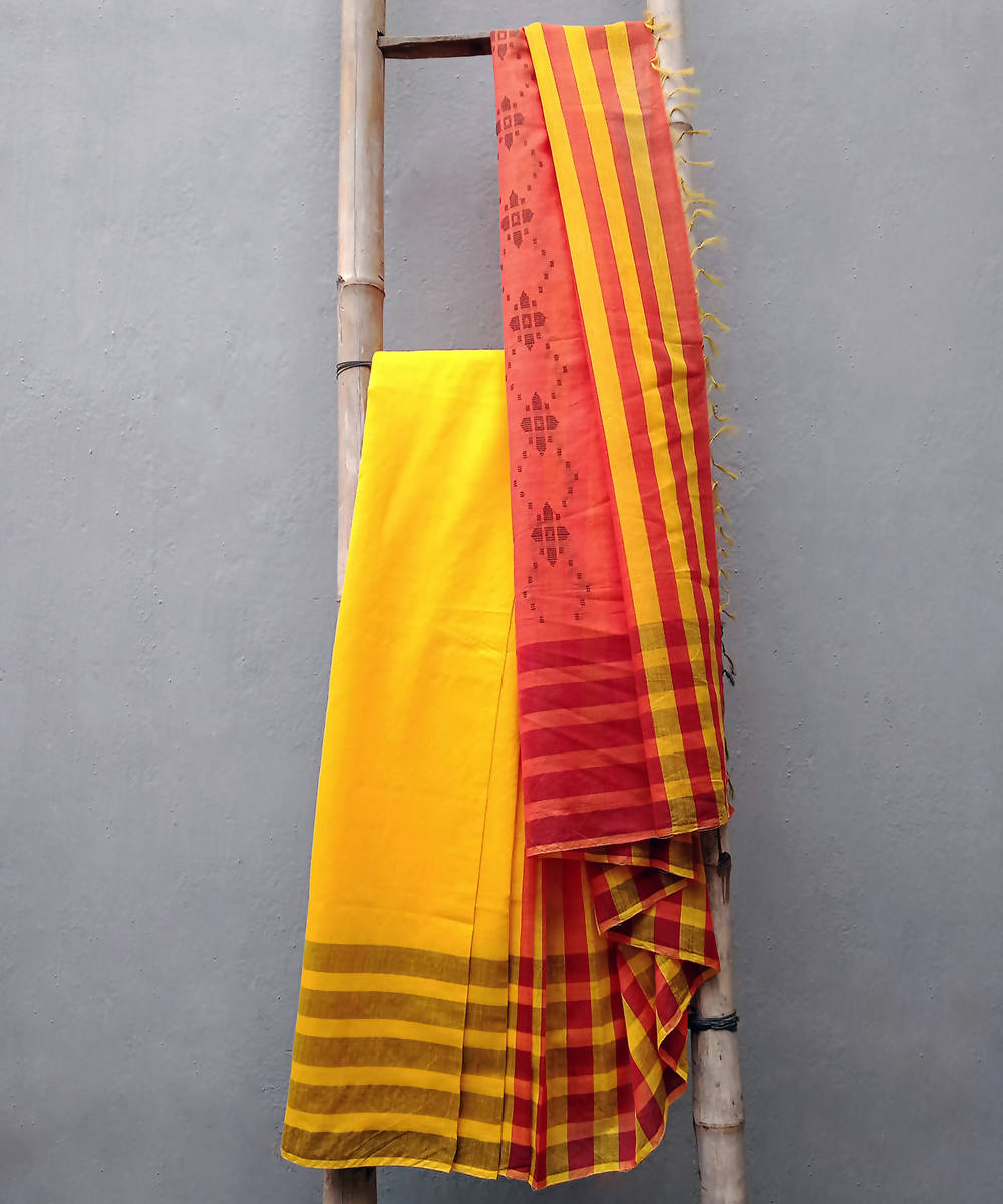 Yellow red hand woven extra weft cotton silk saree