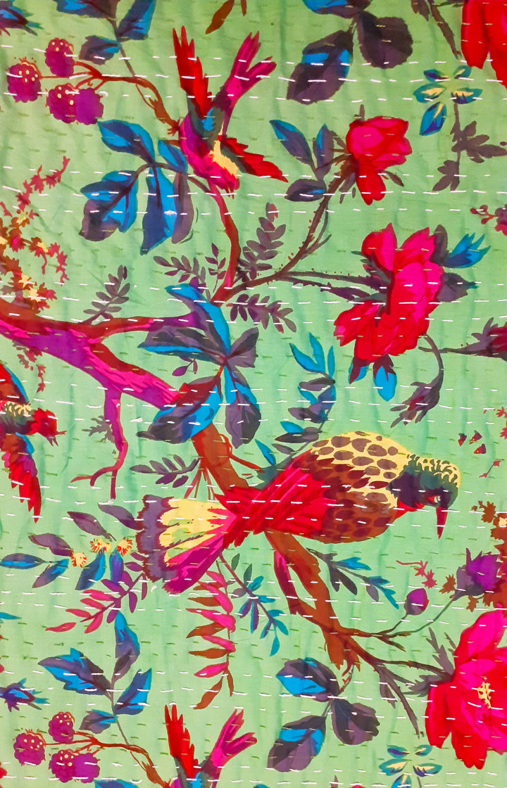 Green kantha work double layered cotton bedcover (Single Bed)