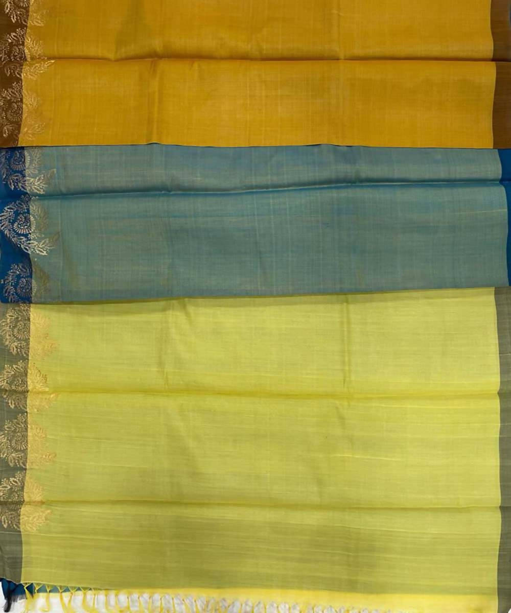 Mustard green handwoven plain tussar silk saree