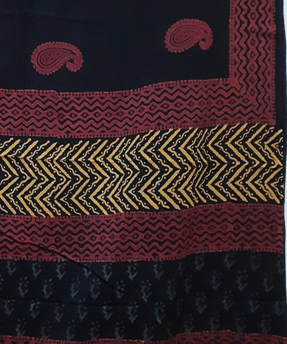 Black red yellow hand block printed cotton saree