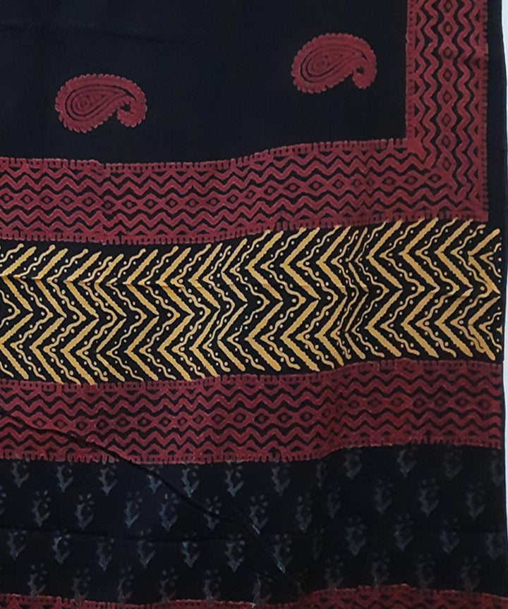 Black red yellow hand block printed cotton saree