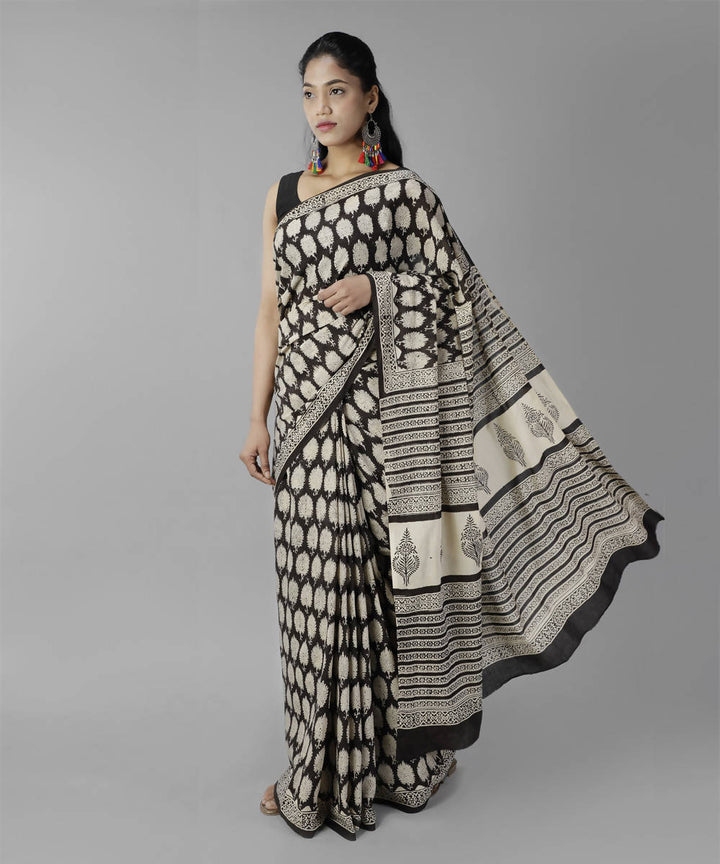 Black bagru handblock printed cotton saree