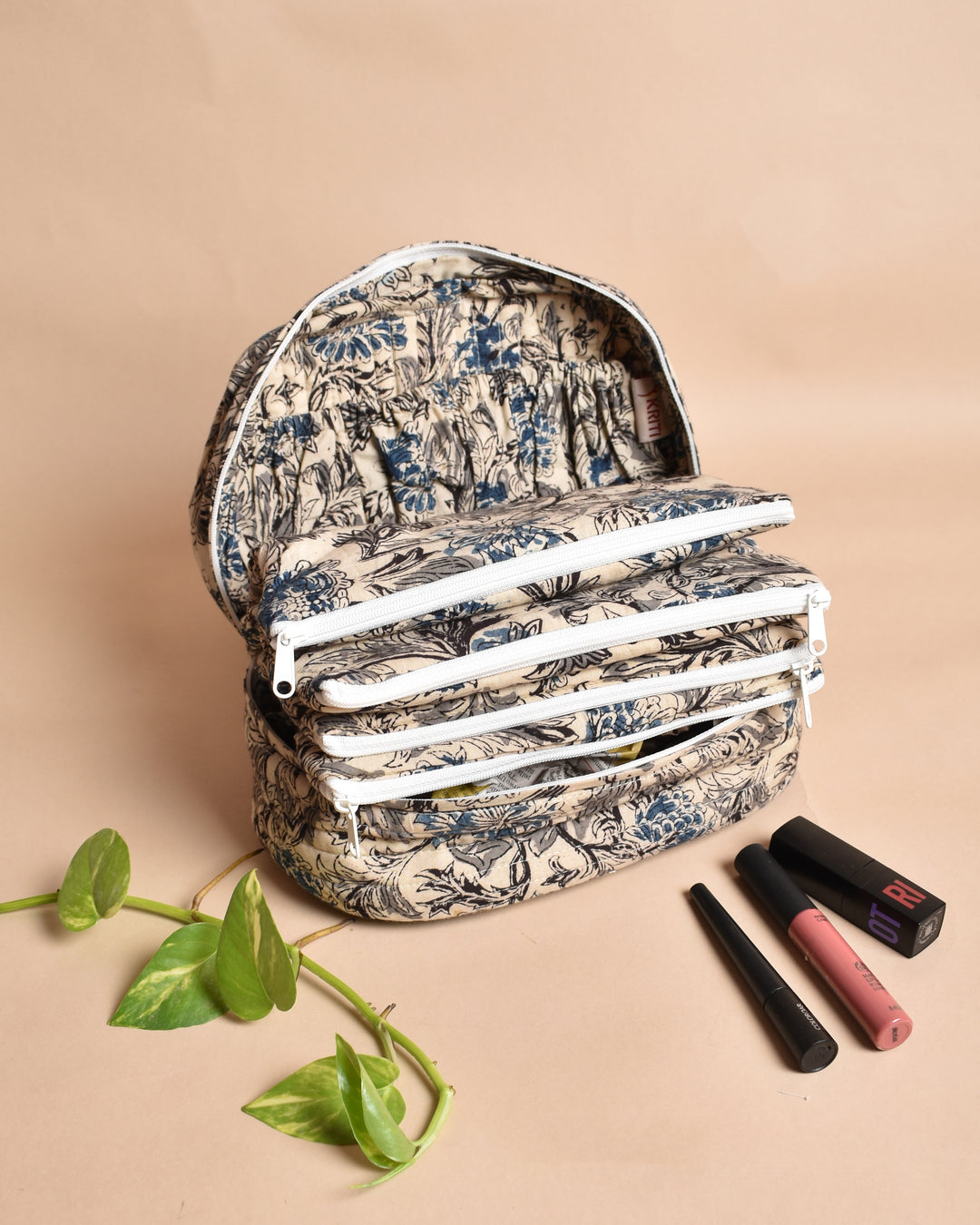 White multicolor hand printed cotton pouch