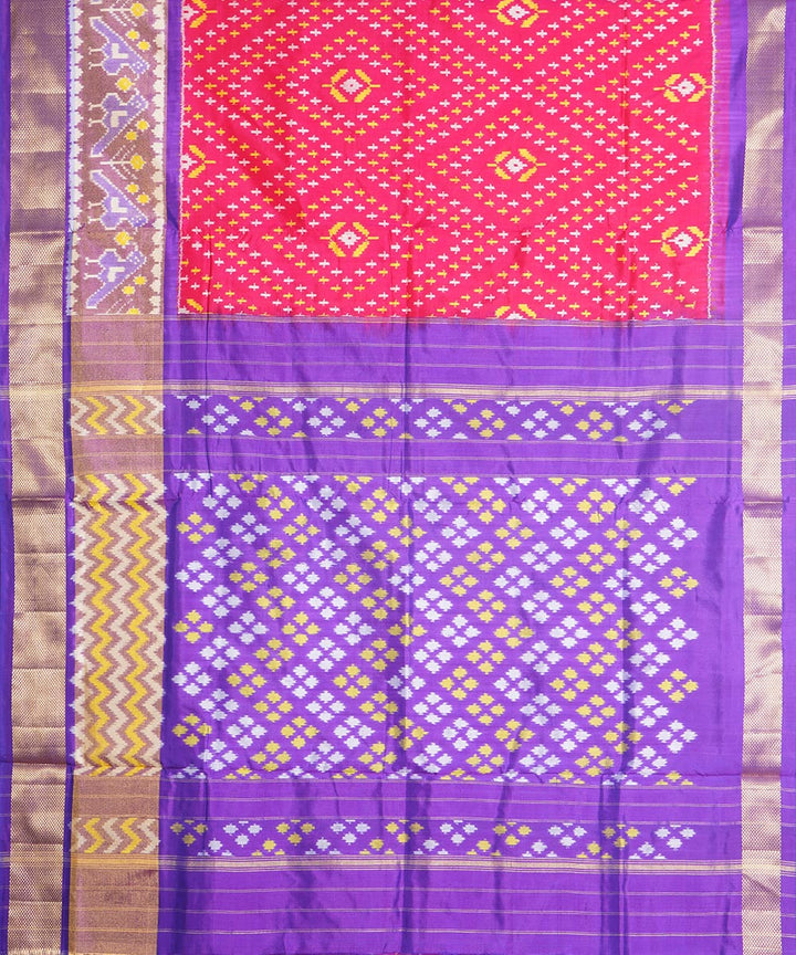 Red pink and lavender silk handwoven pochampally ikat saree