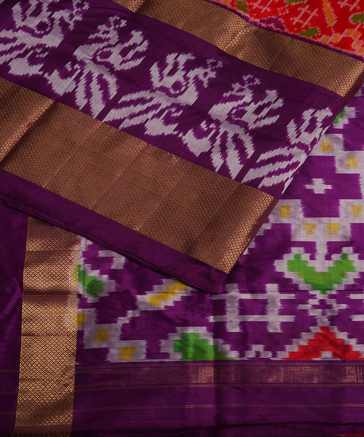 Red purple silk handwoven pochampally ikat saree