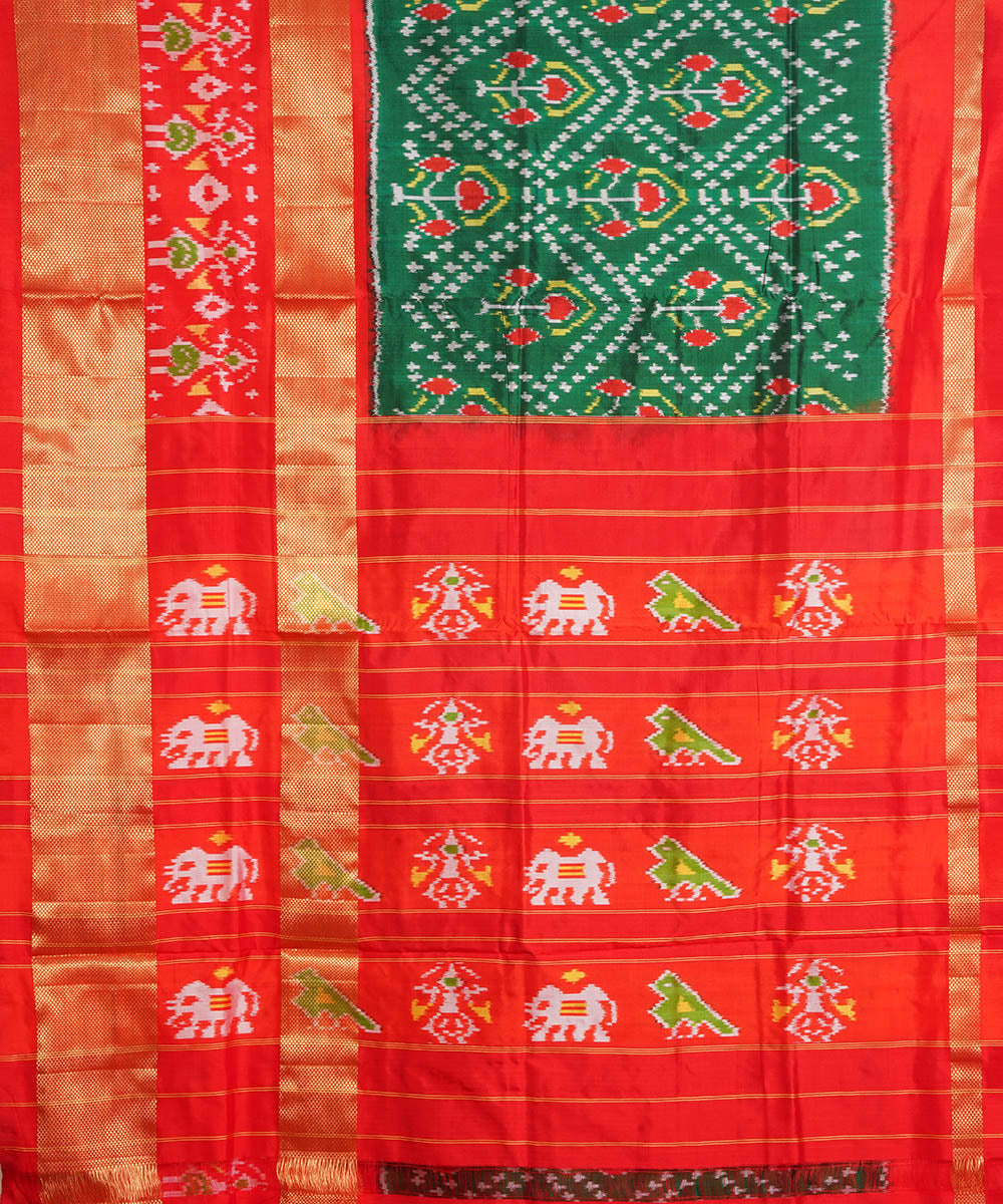 Dark green red silk handwoven pochampally ikat saree