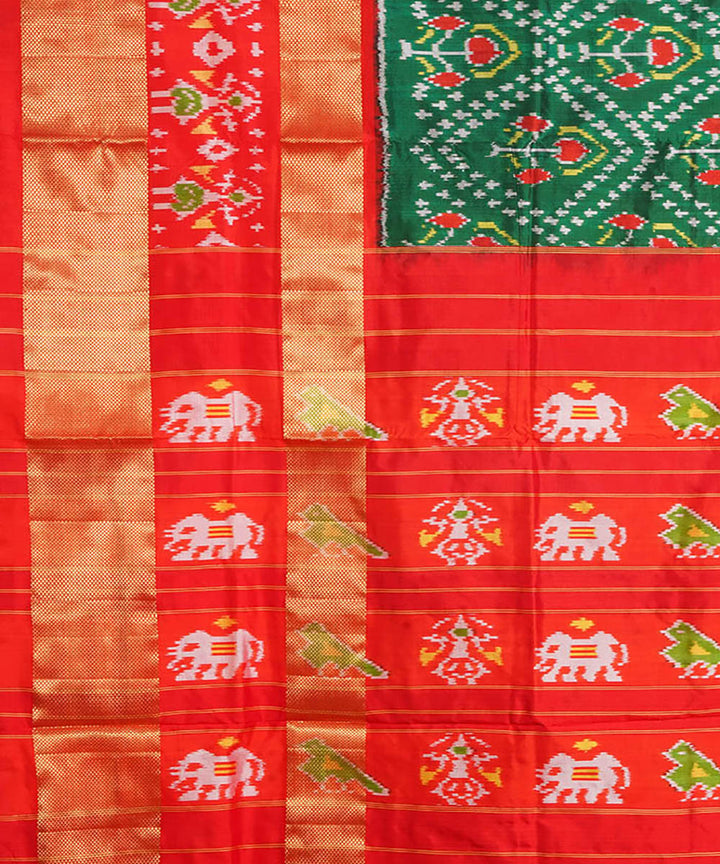 Dark green red silk handwoven pochampally ikat saree