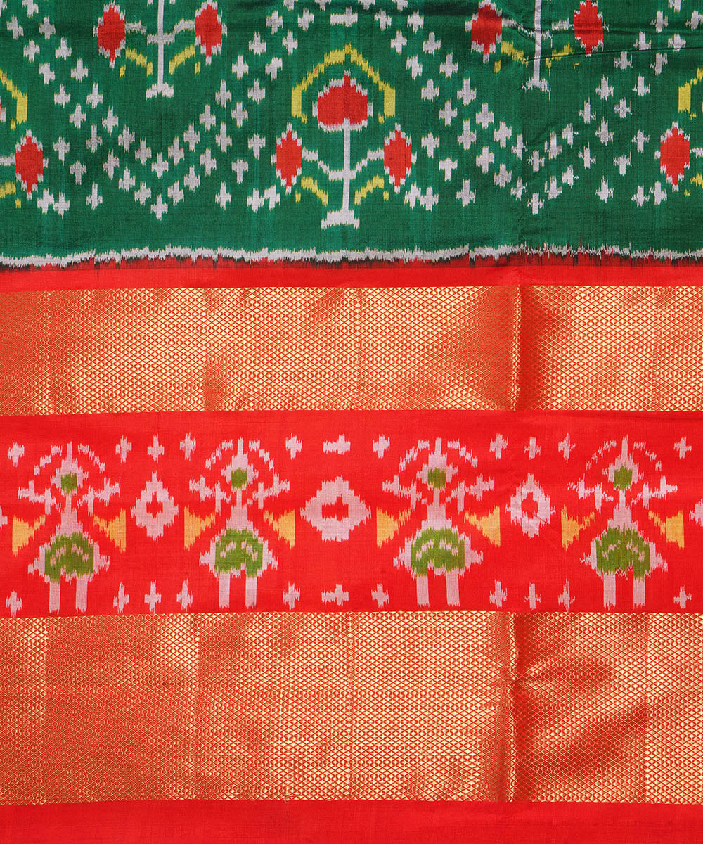 Dark green red silk handwoven pochampally ikat saree