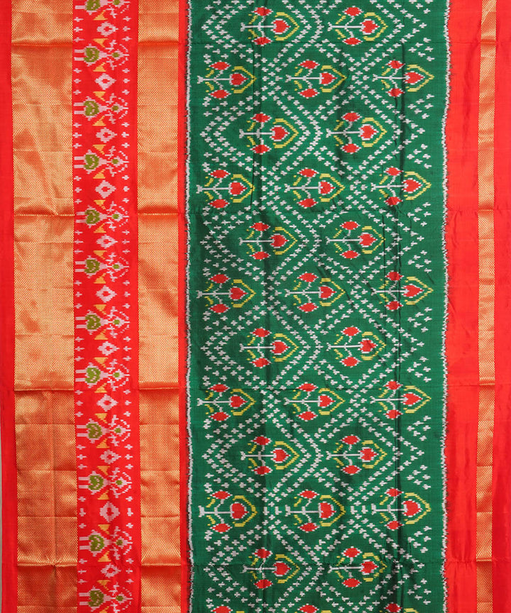 Dark green red silk handwoven pochampally ikat saree