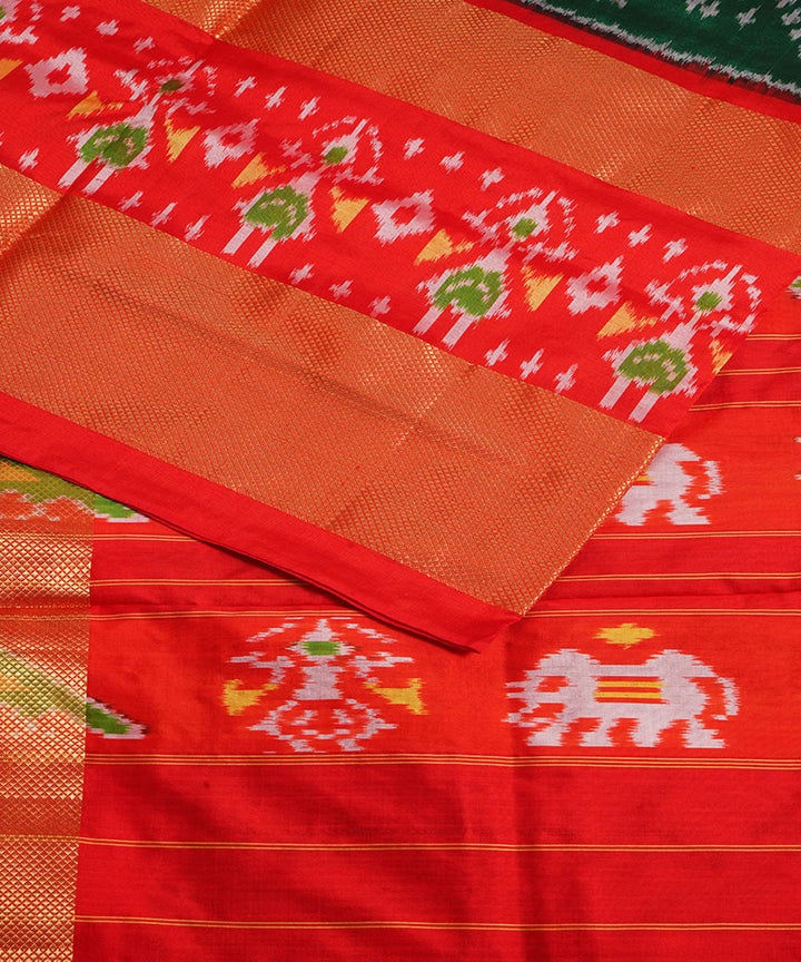 Dark green red silk handwoven pochampally ikat saree