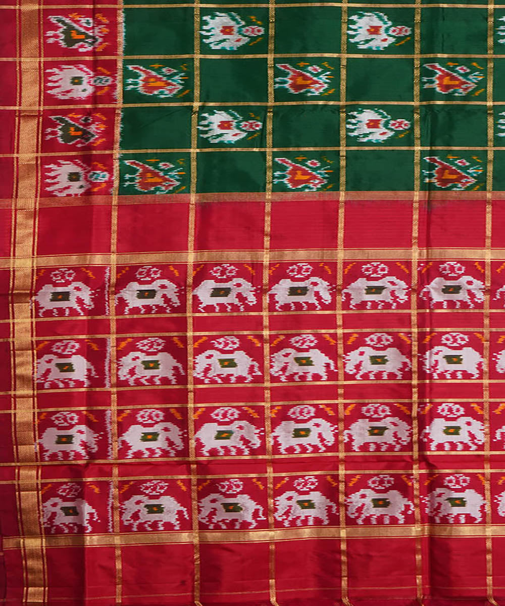 Dark green red silk handloom pochampally ikat saree