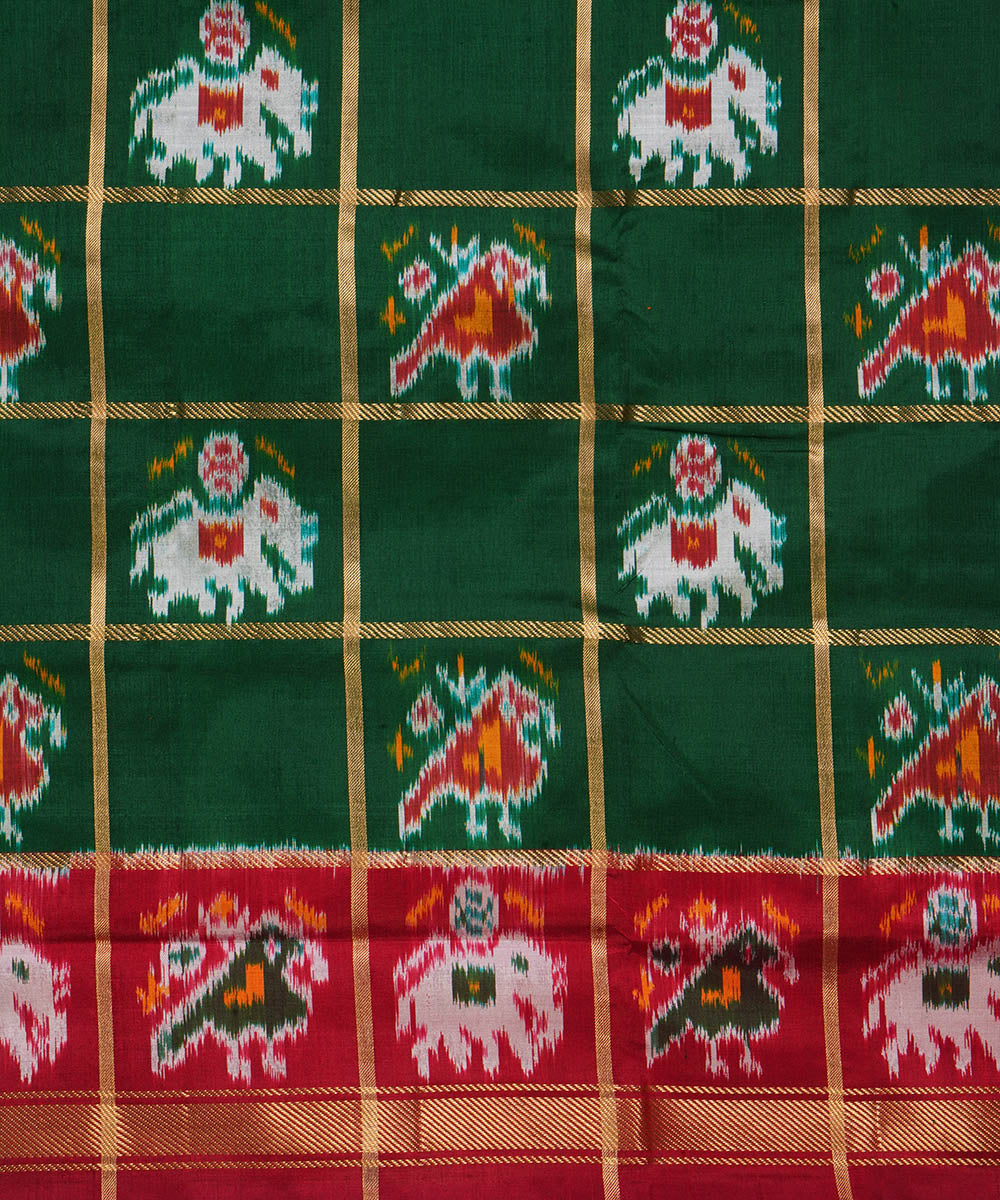 Dark green red silk handloom pochampally ikat saree