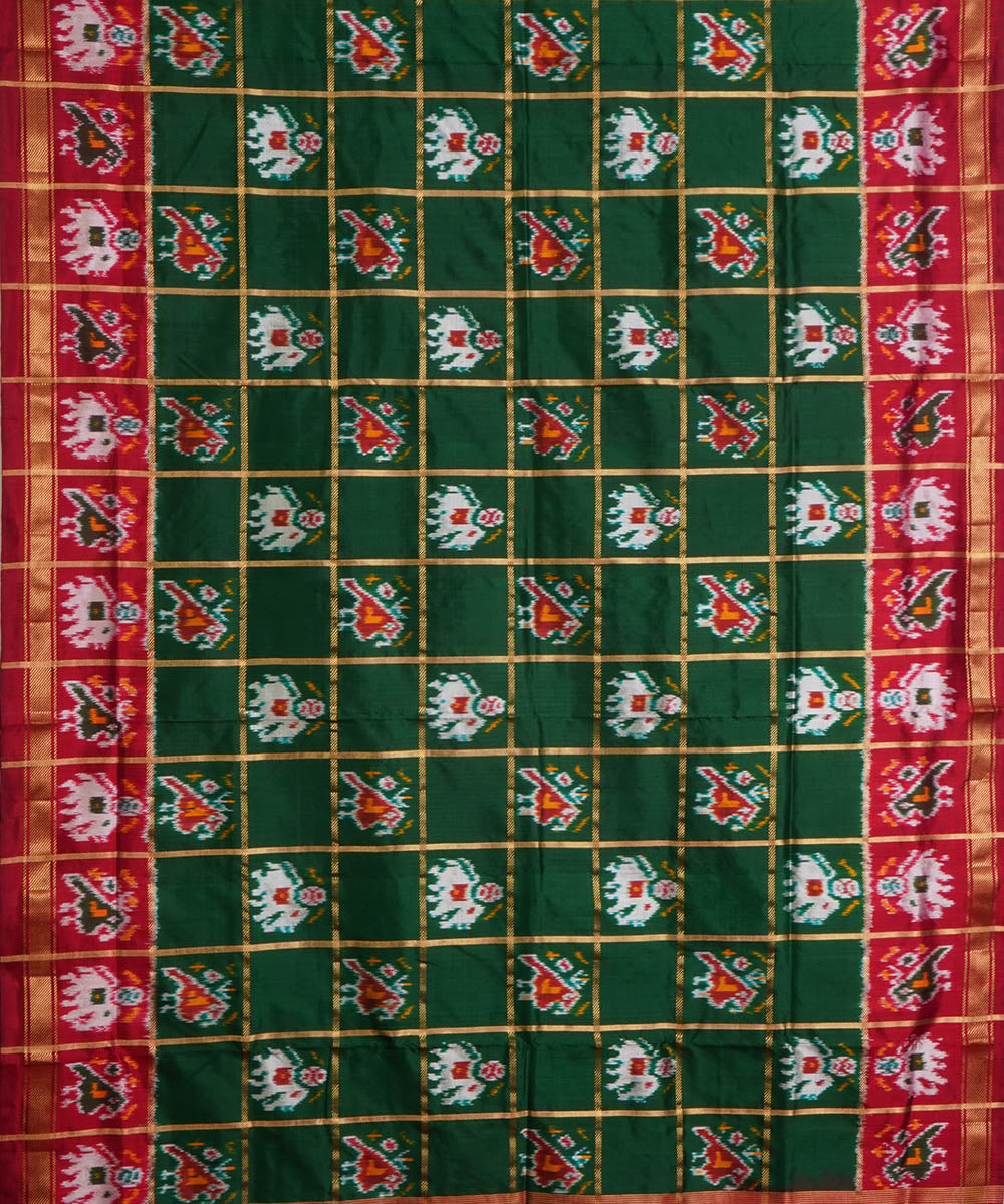 Dark green red silk handloom pochampally ikat saree