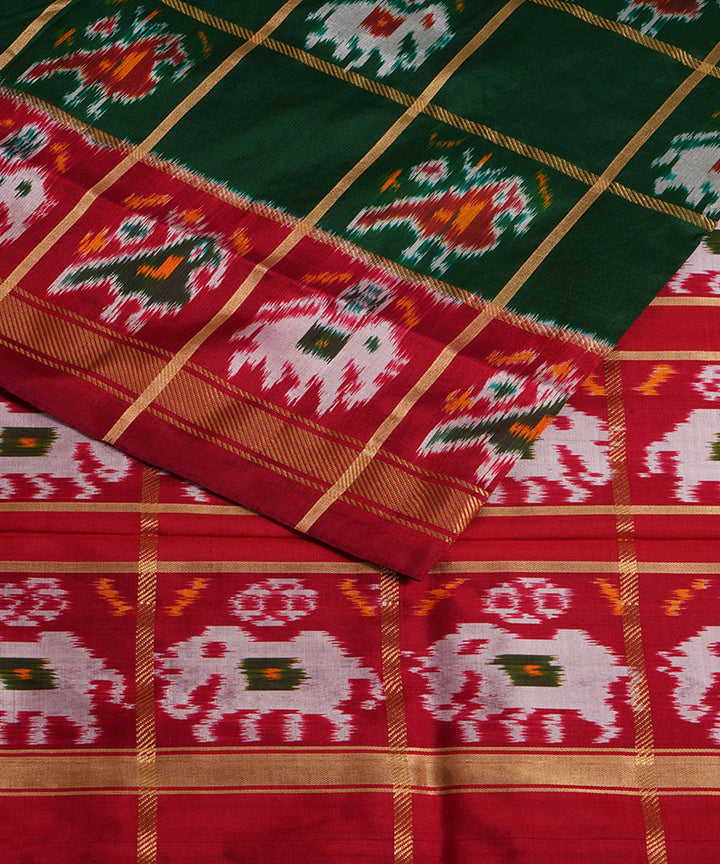 Dark green red silk handloom pochampally ikat saree