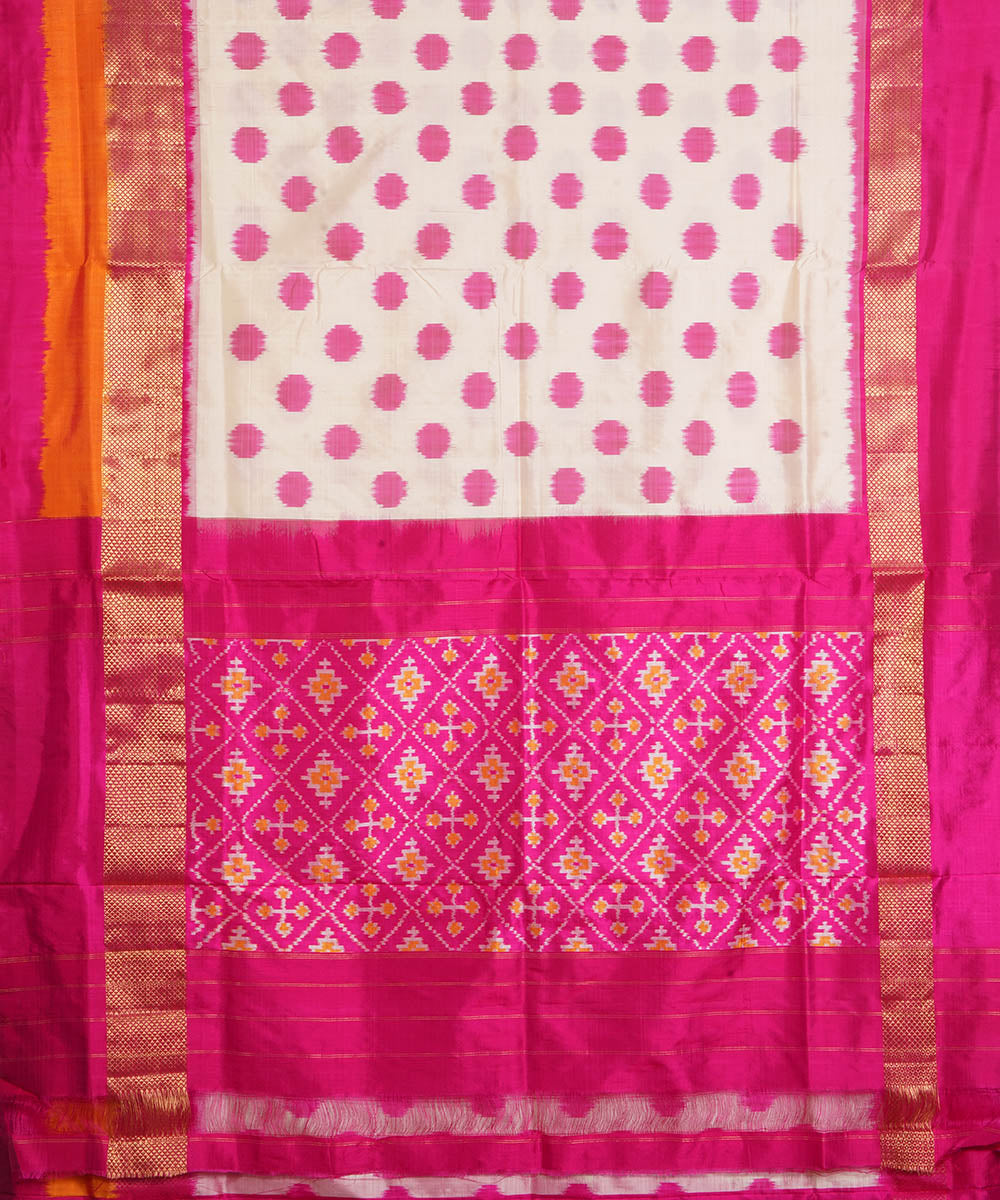 White pink silk handwoven pochampally ikat saree