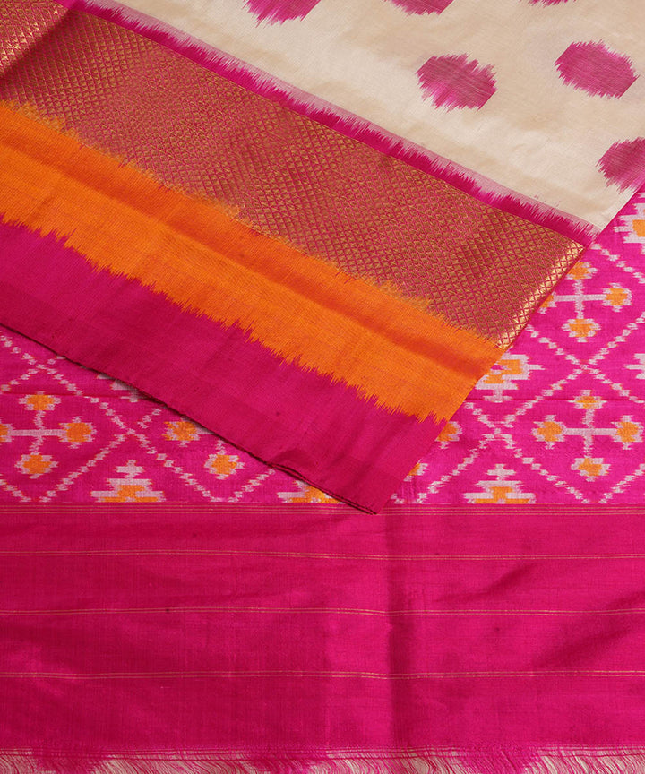 White pink silk handwoven pochampally ikat saree