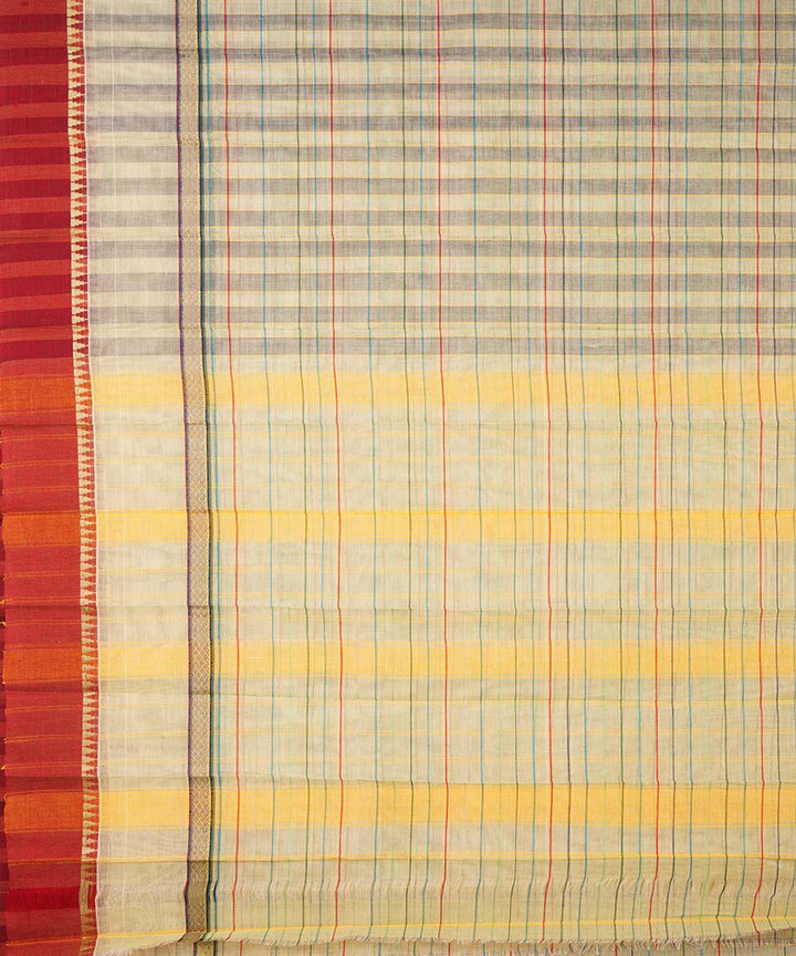 Grey beige checks cotton handwoven narayanapet saree