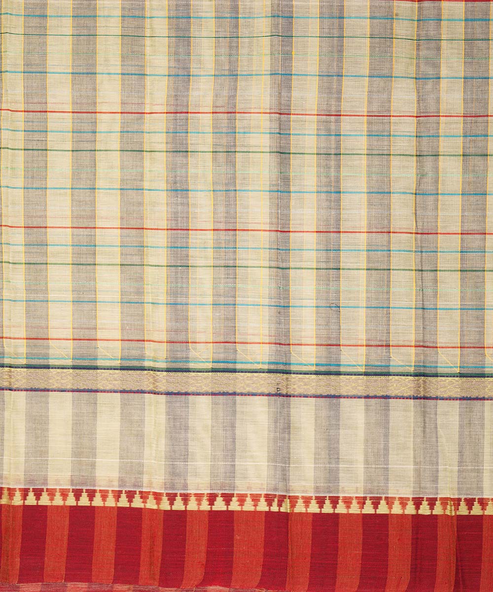 Grey beige checks cotton handwoven narayanapet saree