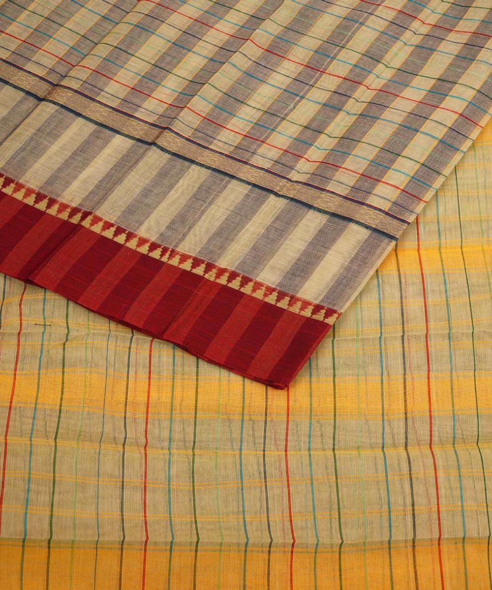 Grey beige checks cotton handwoven narayanapet saree