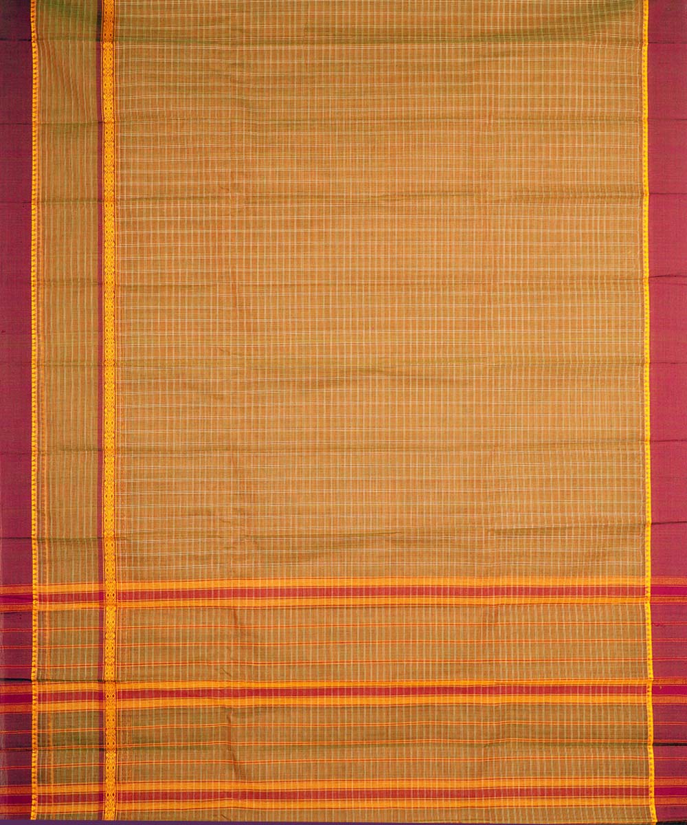 Brown green checks cotton handwoven narayanapet saree