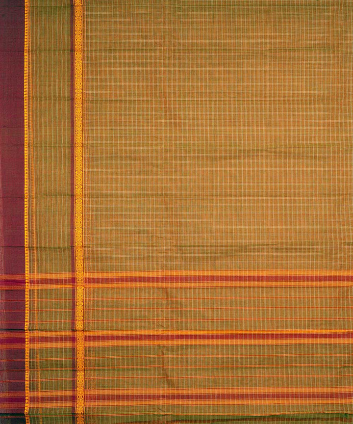 Brown green checks cotton handwoven narayanapet saree