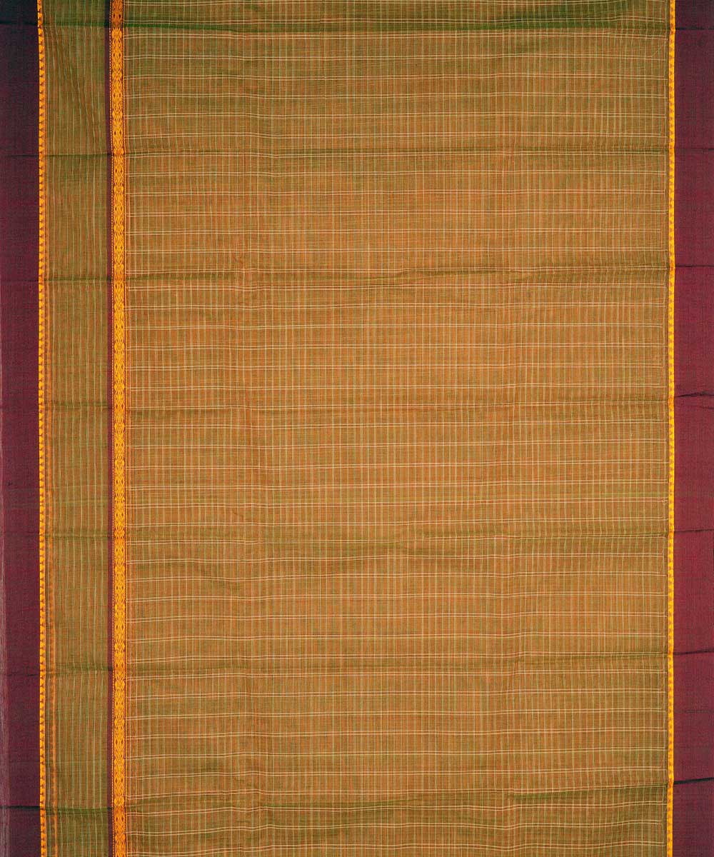 Brown green checks cotton handwoven narayanapet saree