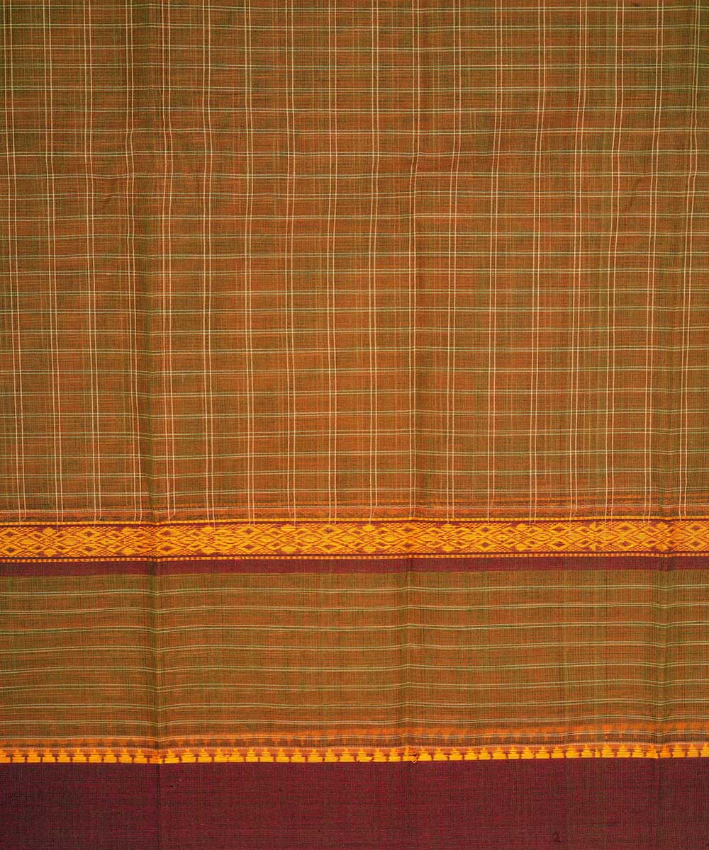 Brown green checks cotton handwoven narayanapet saree