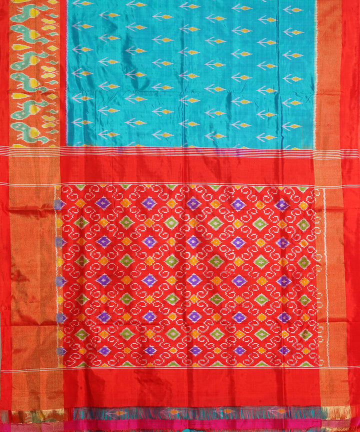 Sky blue red handwoven silk pochampally ikat saree