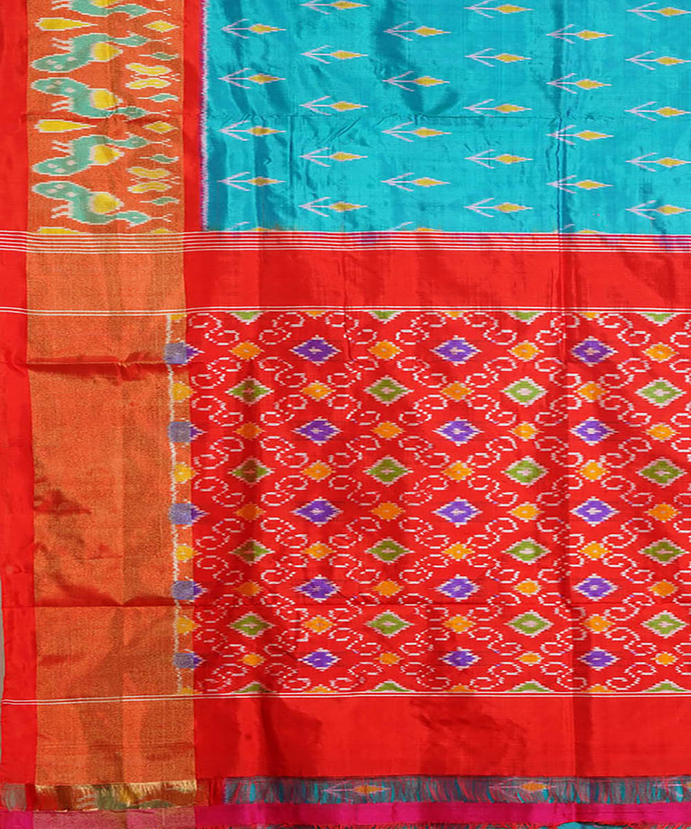 Sky blue red handwoven silk pochampally ikat saree