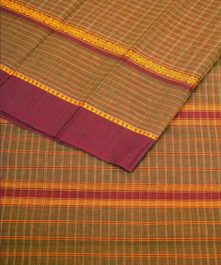 Brown green checks cotton handwoven narayanapet saree