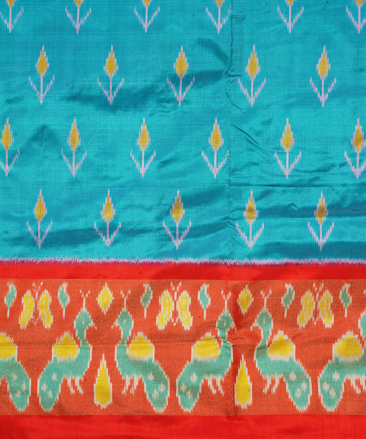 Sky blue red handwoven silk pochampally ikat saree