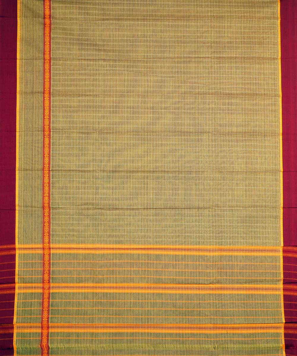 Light green yellow checks cotton handwoven narayanapet saree
