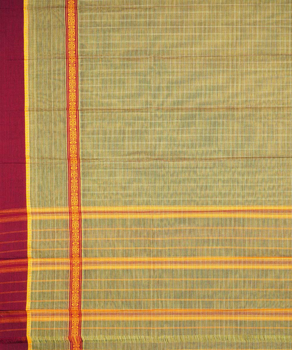 Light green yellow checks cotton handwoven narayanapet saree