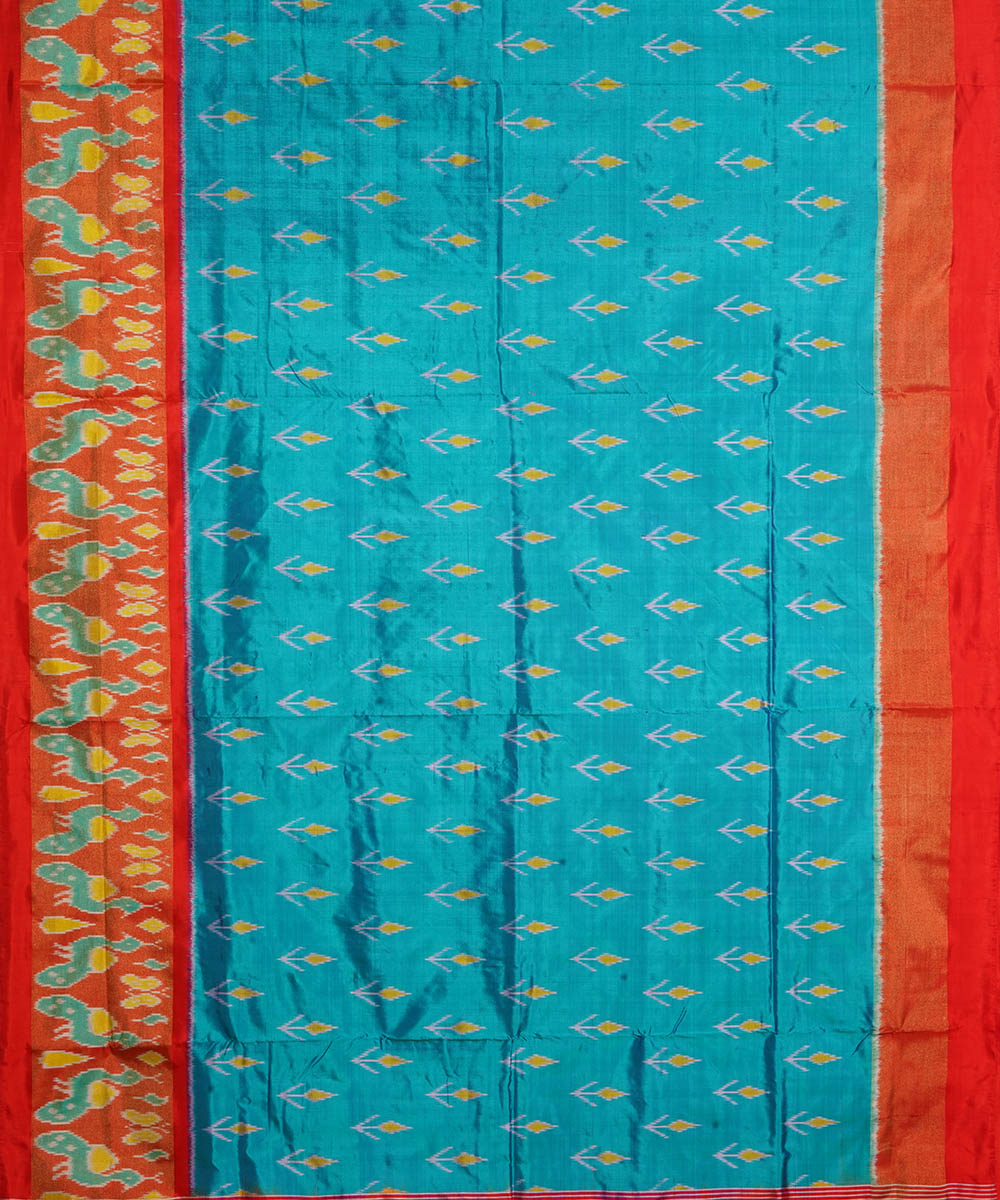 Sky blue red handwoven silk pochampally ikat saree