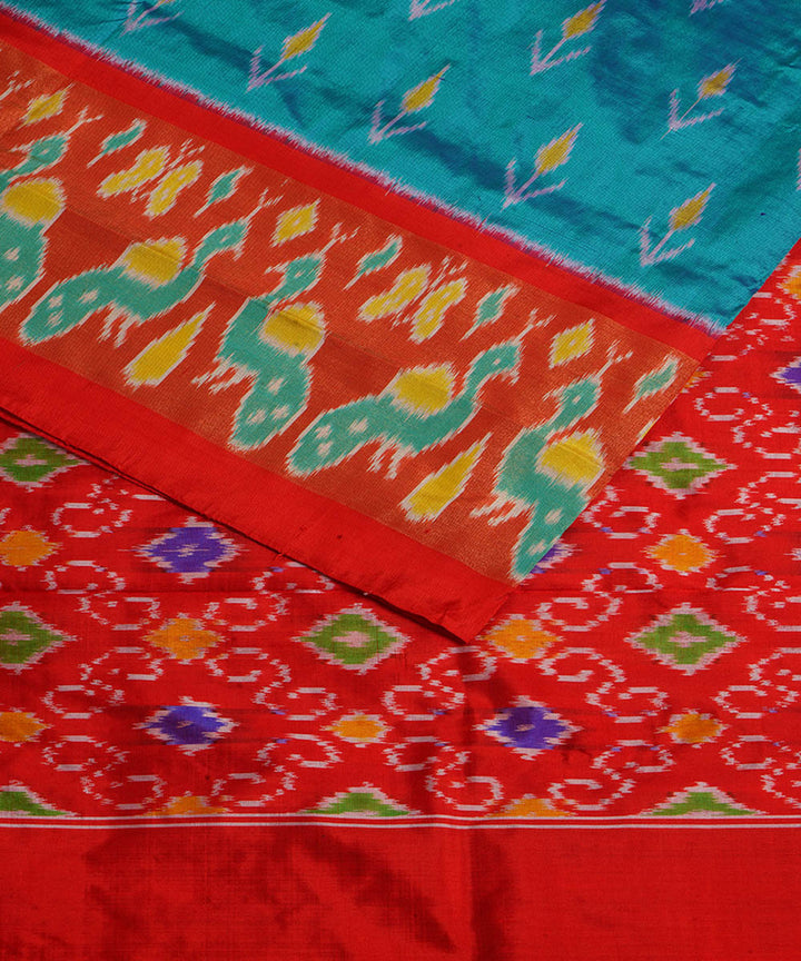 Sky blue red handwoven silk pochampally ikat saree