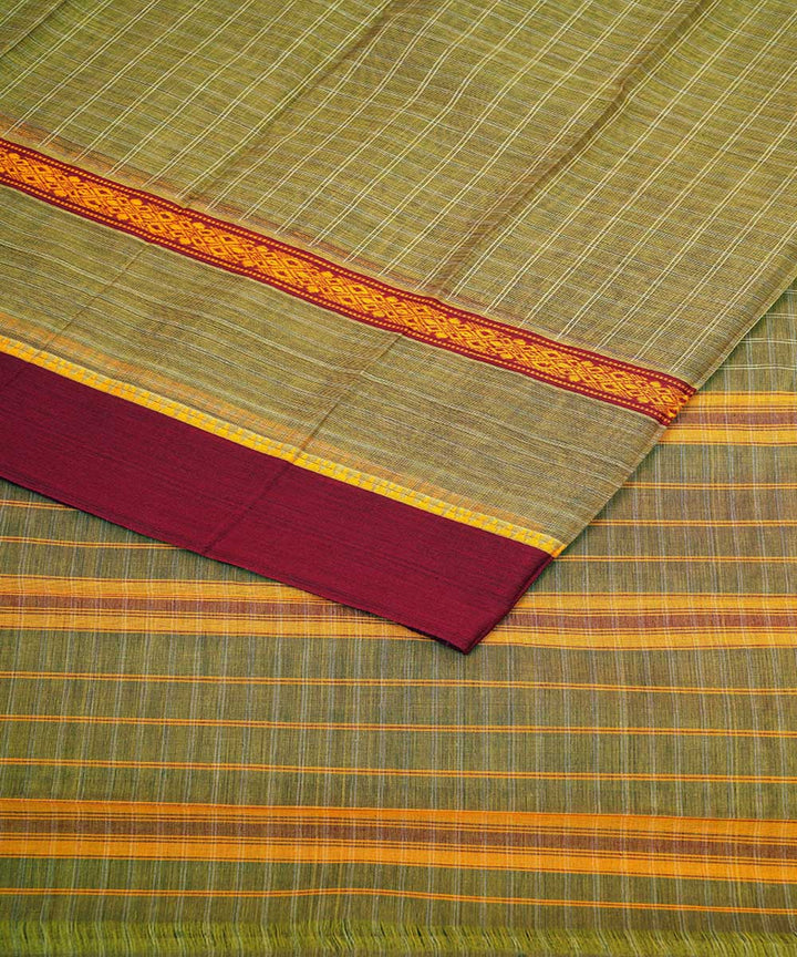 Light green yellow checks cotton handwoven narayanapet saree