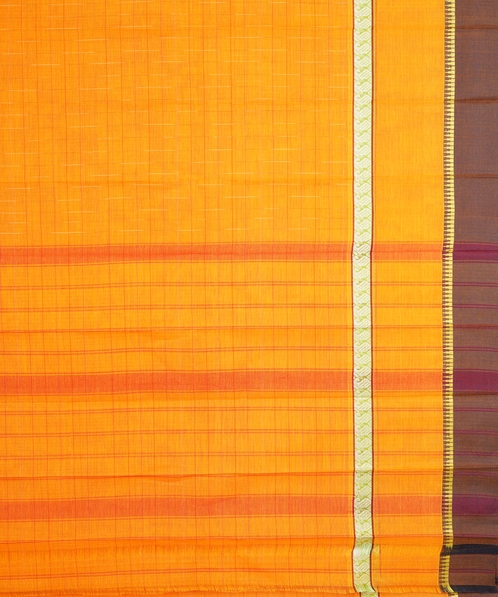Yellow orange checks cotton handwoven narayanapet saree