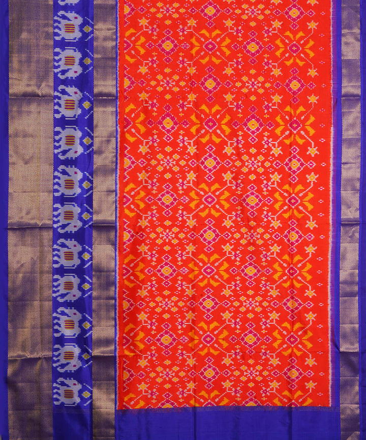 Red blue silk handwoven pochampally ikat saree