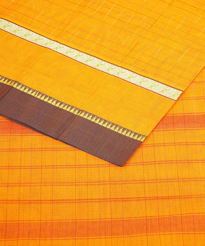 Yellow orange checks cotton handwoven narayanapet saree