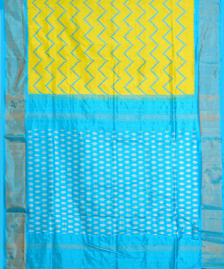 Yellow cyan blue silk handwoven pochampally ikat saree