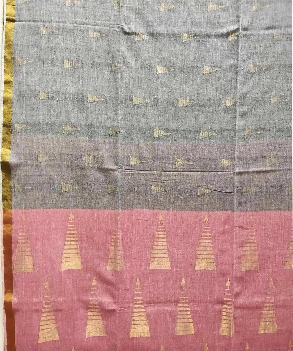 Grey red handloom muslin cotton saree