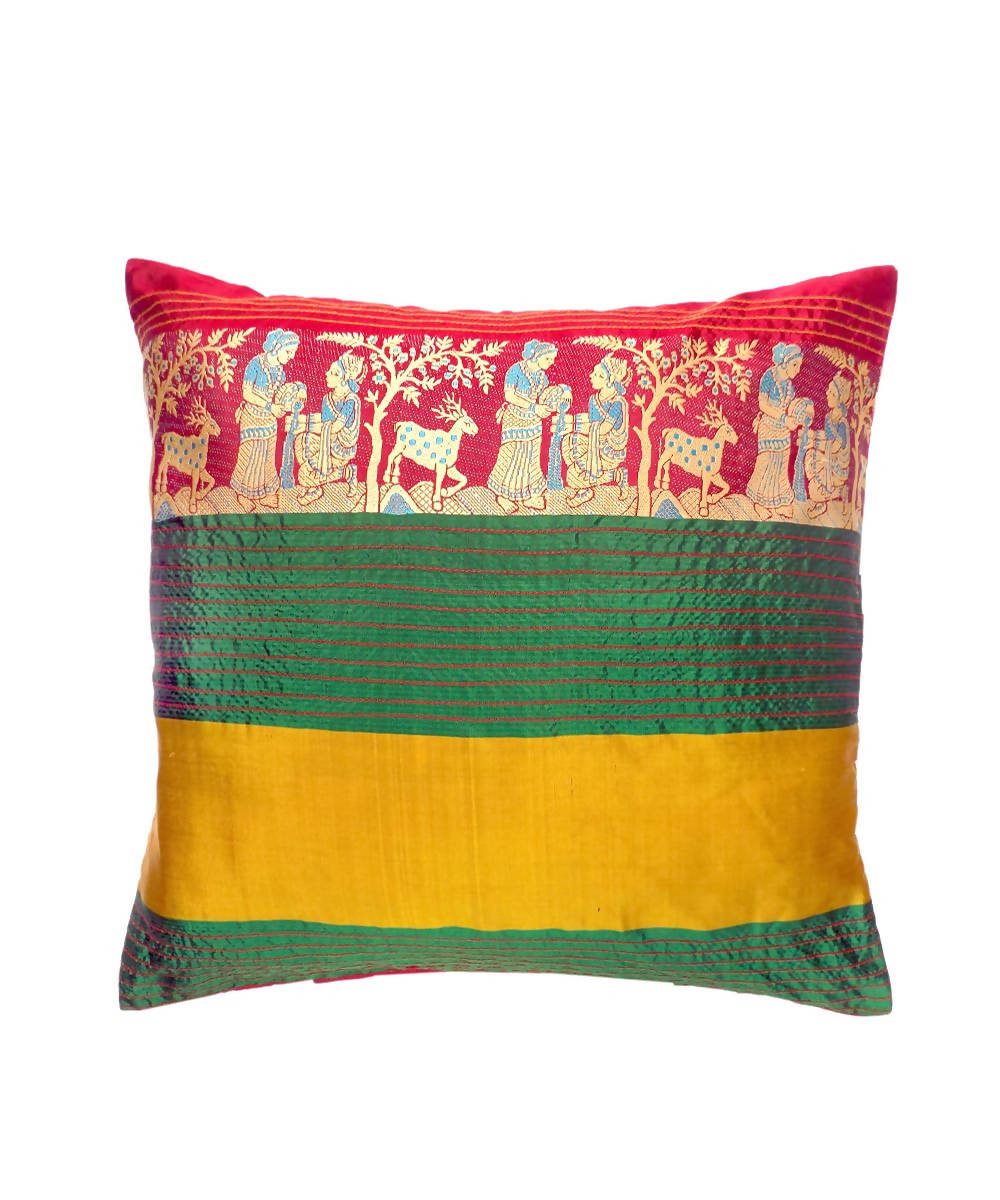Yellow green hand embroidery silk cushion cover