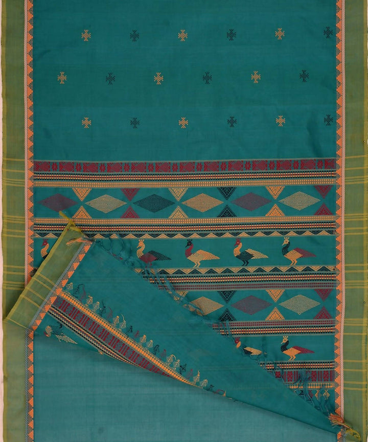 Rama green kanchi silkcotton saree with bomkai thread work pallu