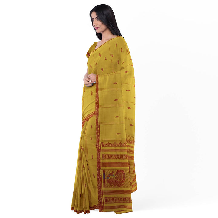 Mustard yellow handloom cotton bandar saree