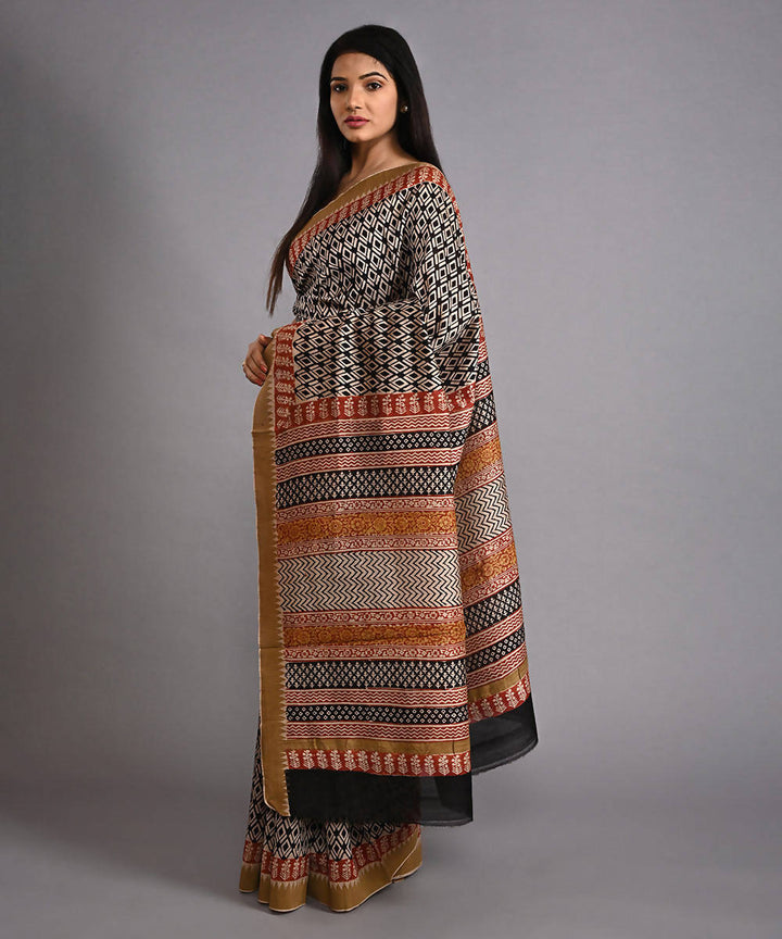 Black cotton silk hand block printed saree with matching blouse