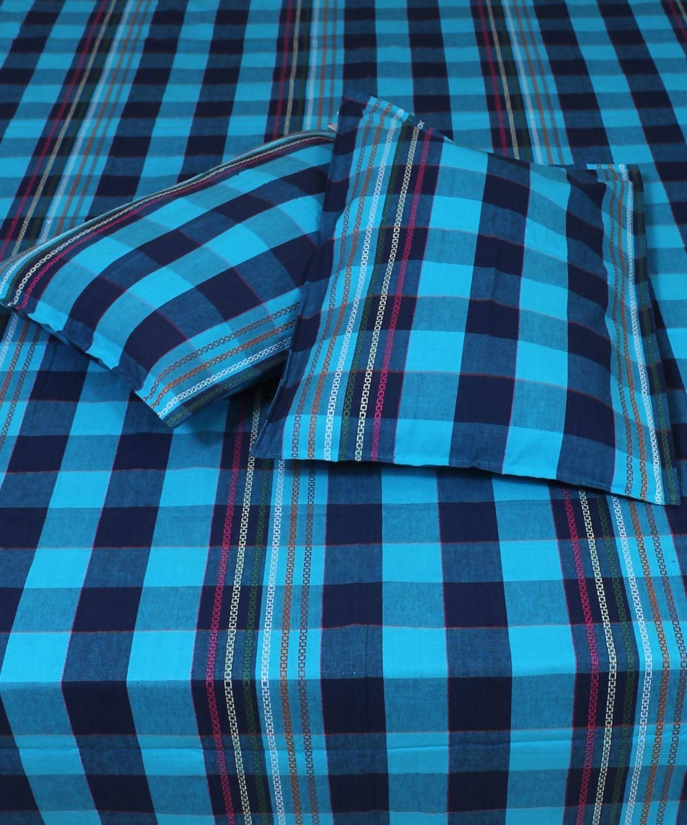 Blue Check Cotton Double Bed Sheet